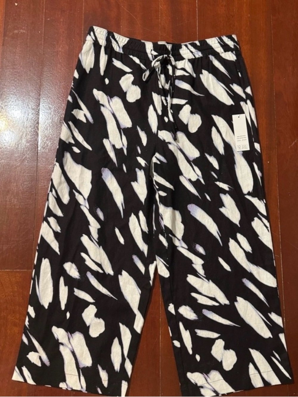 NWT Womens Pants Linen Printed Drawstring Black/ Wave Blue Multi size M - Picture 3 of 6